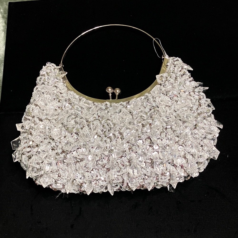 Harve Benard silver sequin bead work chandelier fringe